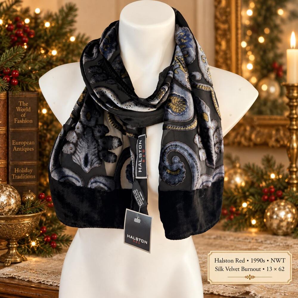 Vintage Halston Red 1990s Silk Velvet Burnout Paisley Scarf NWT 13x62